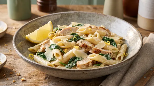 Krämig kycklingpasta med citron och spenat