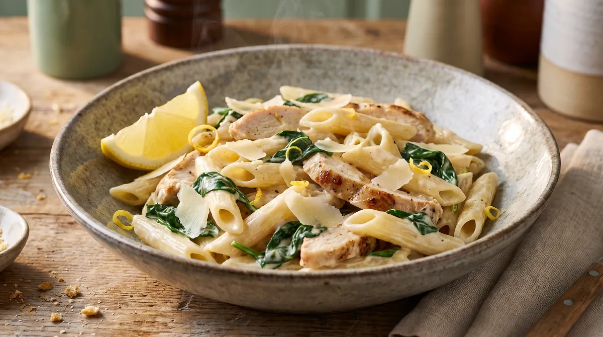 Krämig kycklingpasta med citron och spenat